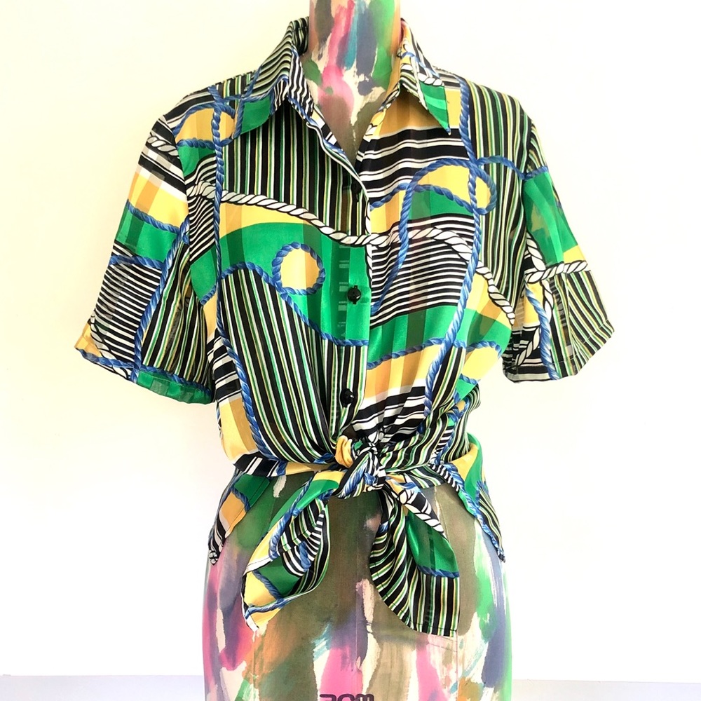 🦜VINTAGE 80s Nautical Rope Print Blouse Top